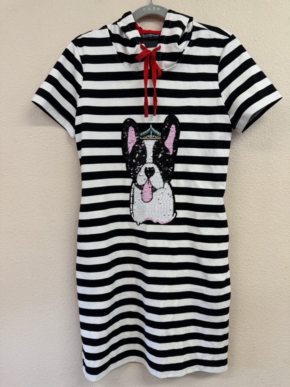 Dolce & Gabbana Black and White Striped Hoodie Dress with Dog Appliqué